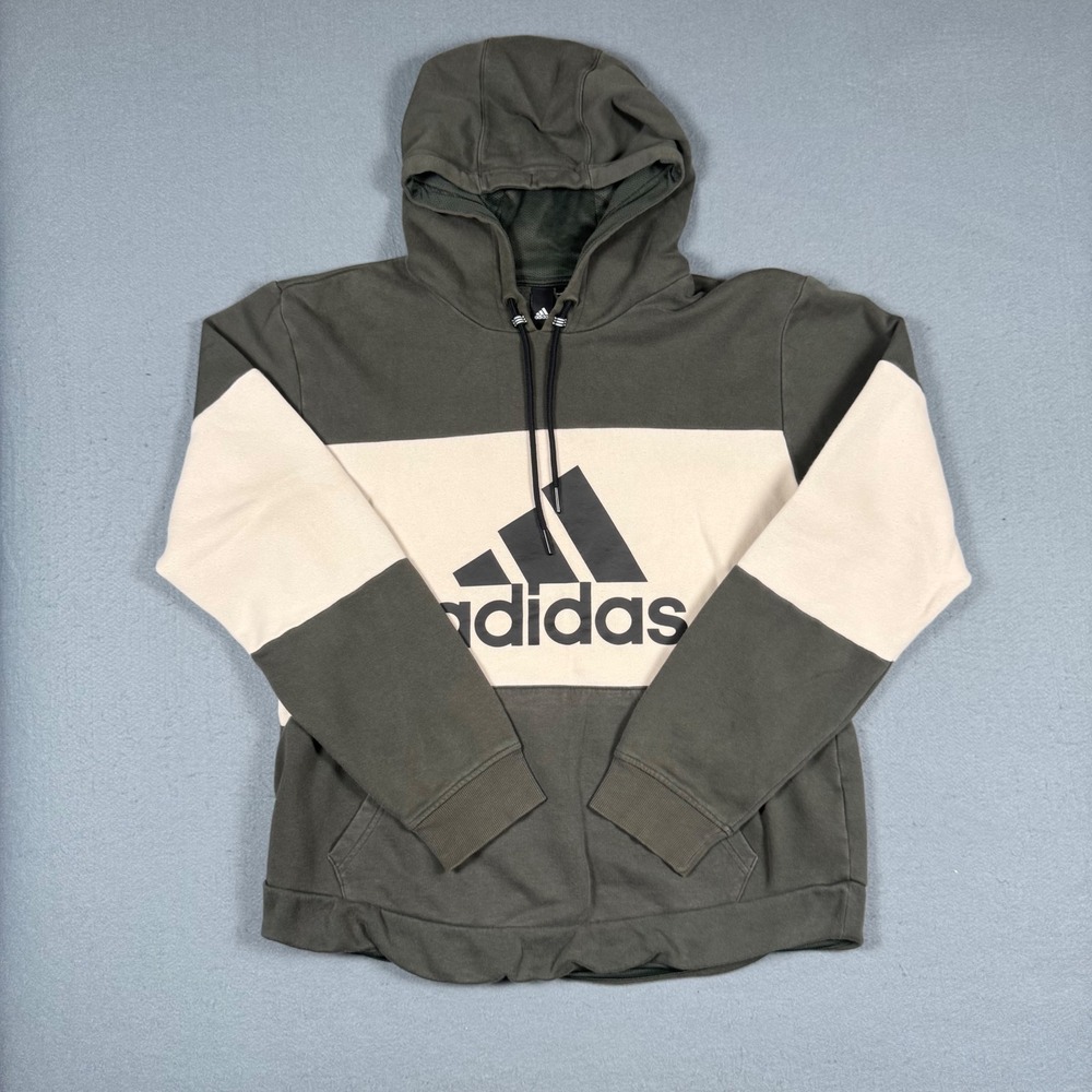 Adidas Hoodie Mens Medium Grey Cream Colorblock Big Logo Pullover Sweatshirt